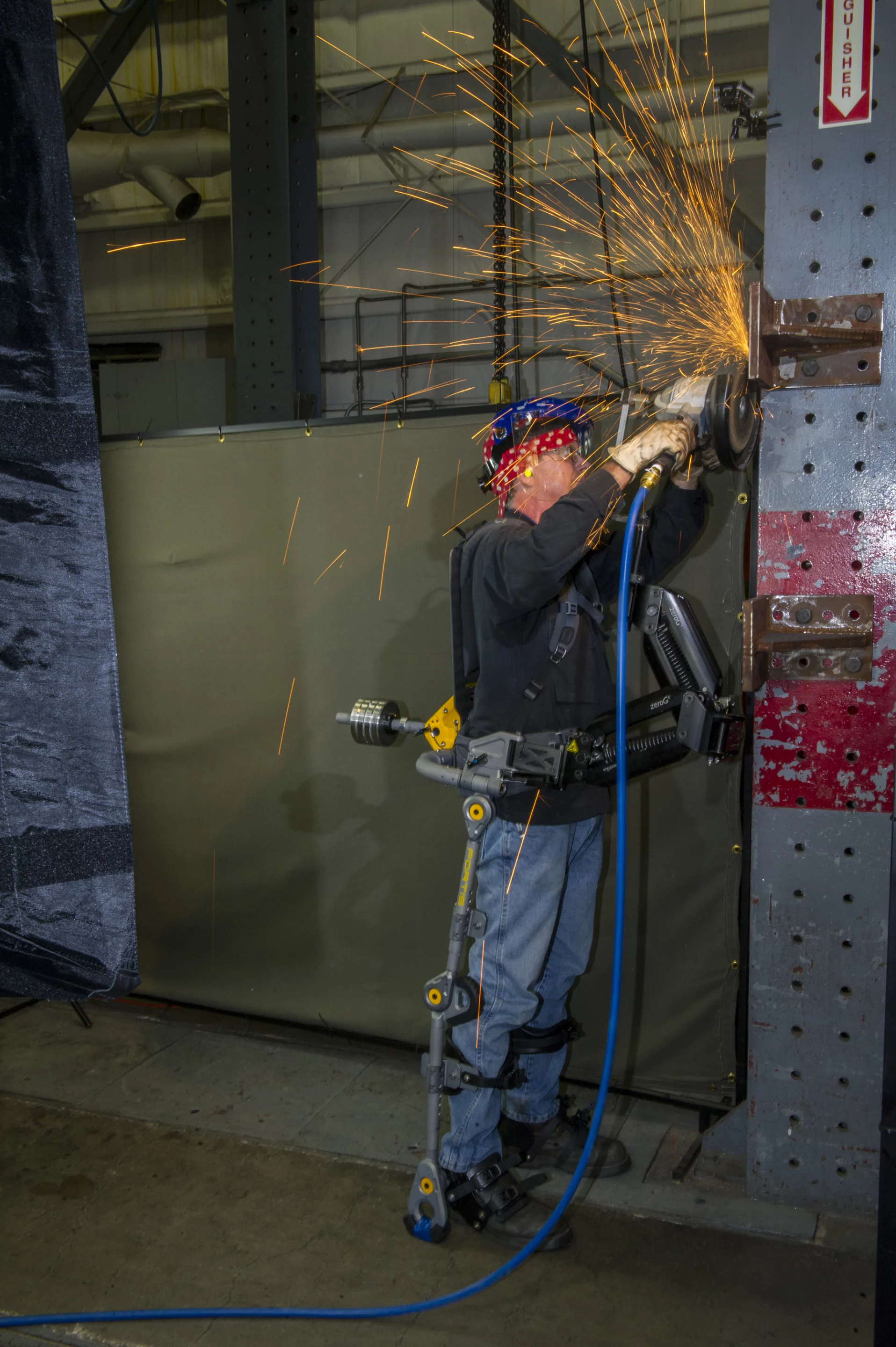 The Fortis exoskeleton allows the wearer to operate heavy tools without fatigue
