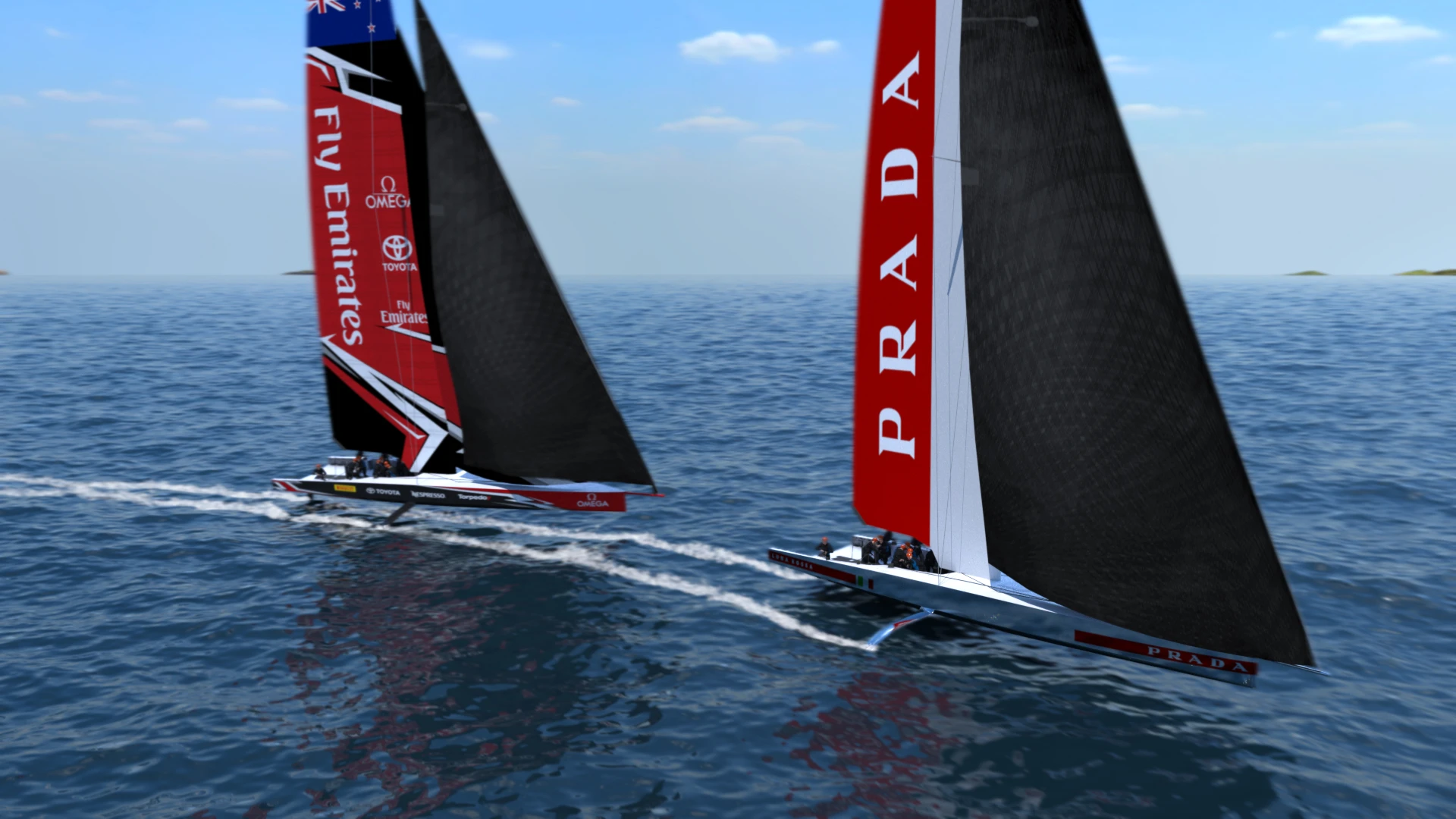 During maneuvers and when negotiating rough sea conditions, both of the AC75's foils can be lowered for more stability