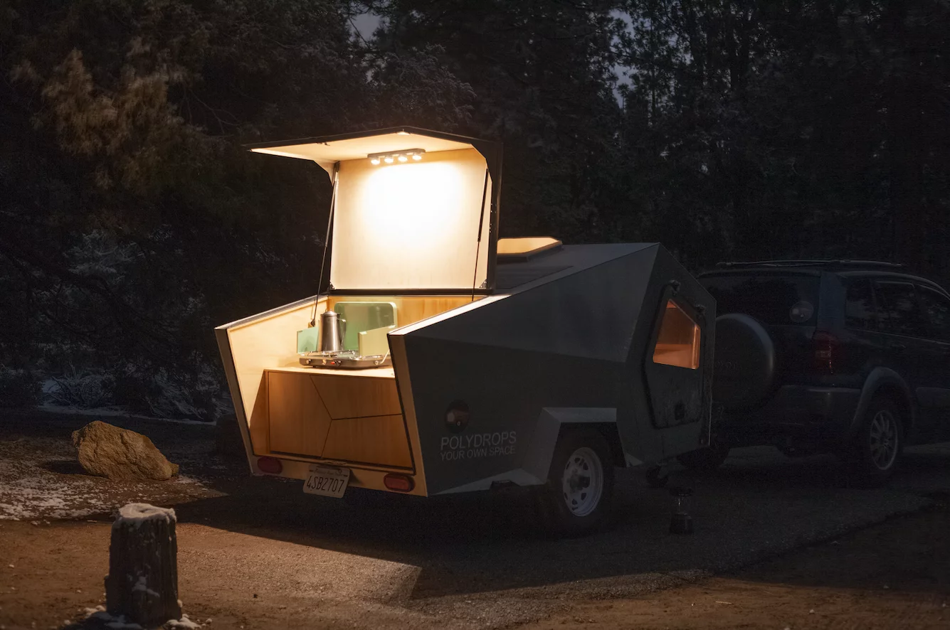 The cooler will have to go in your car, but the Polydrop kitchen does have room for a portable camping stove