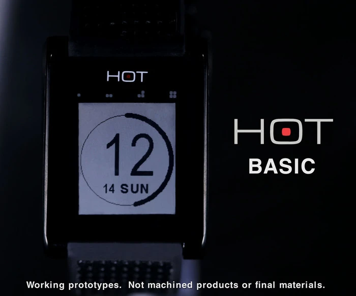 A basic HOT Watch measures just 34 x 42 x 8 mm (1.3 x 1.7 x 0.3 in), with a Sharp 1.26-inch E-paper display on the front