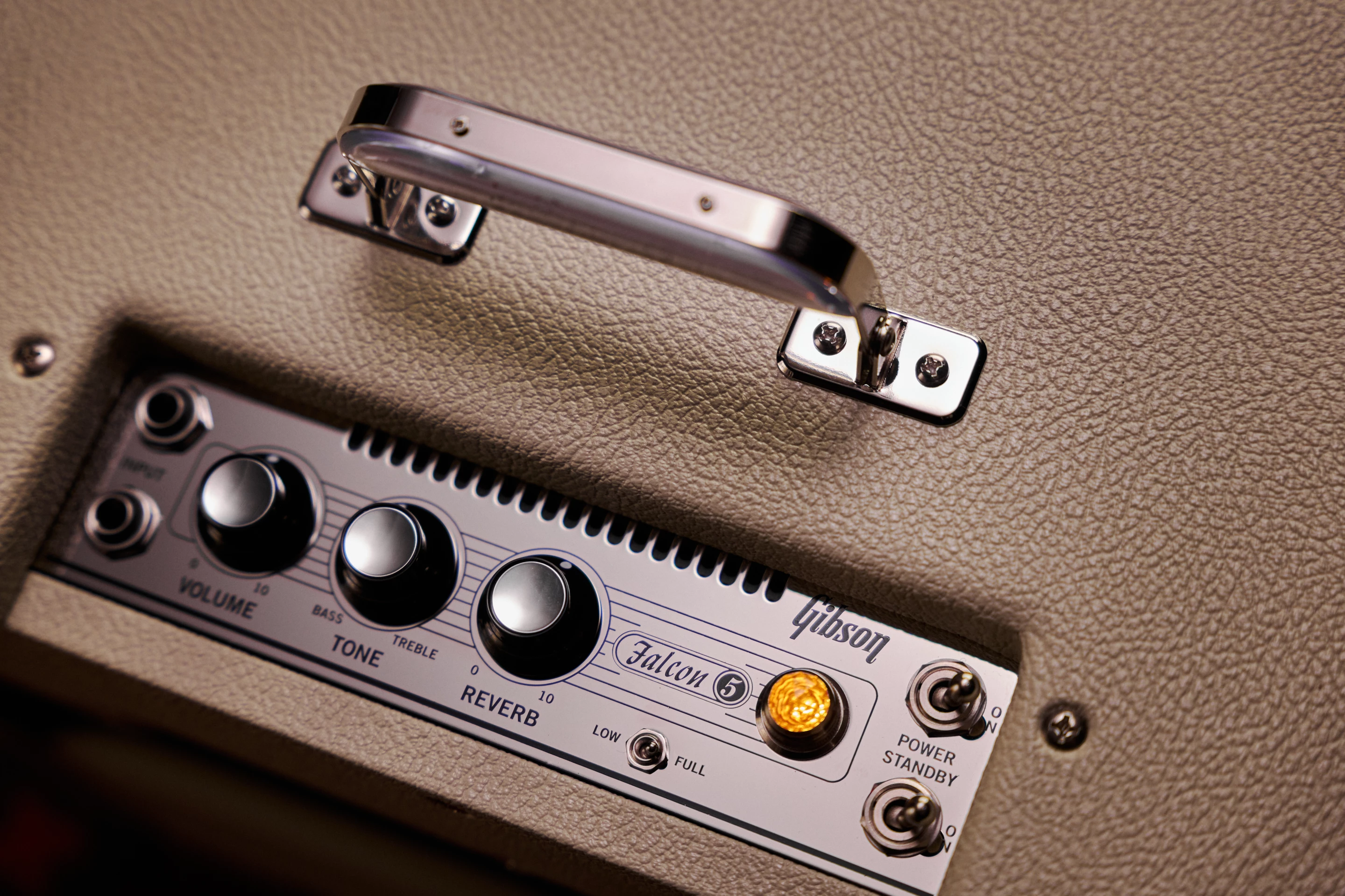The Falcon 5's control plate allows for volume and tone adjustment, as well as dialing in tube-driven reverb