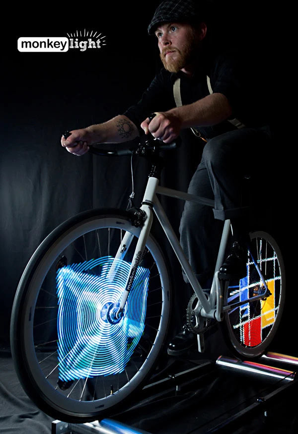 Monkey Light Pro includes a 2-axis accelerometer and 4 magnetic sensors to track a wheel's speed and rotation, ensuring the images remain stable when speeding up, slowing down, and even riding backwards