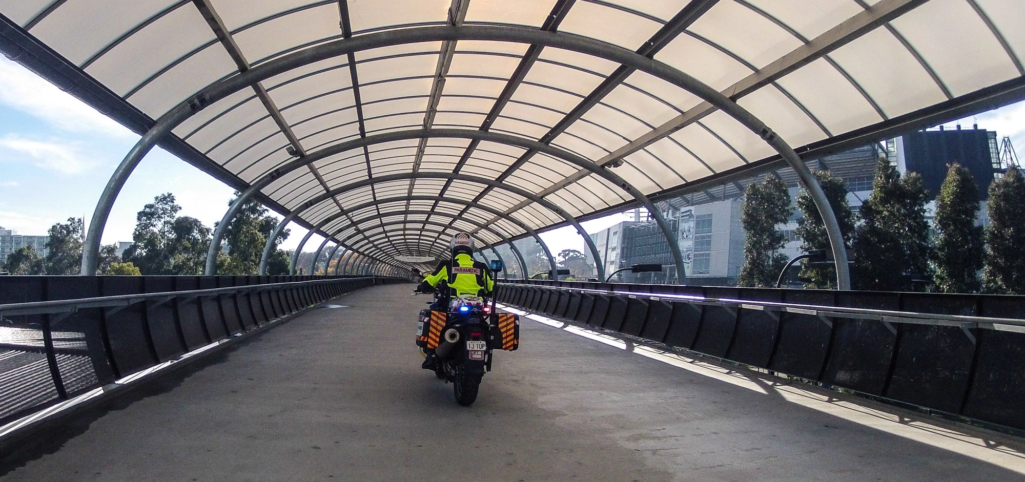 "We use pedestrian access areas on a daily basis, either to access casualties or just as a short cut to try to avoid traffic. But you've got to do it cautiously - it's still the pedestrian's domain and they're not expecting a paramedic motorcycle. So we give them as much warning as possible without scaring them."
