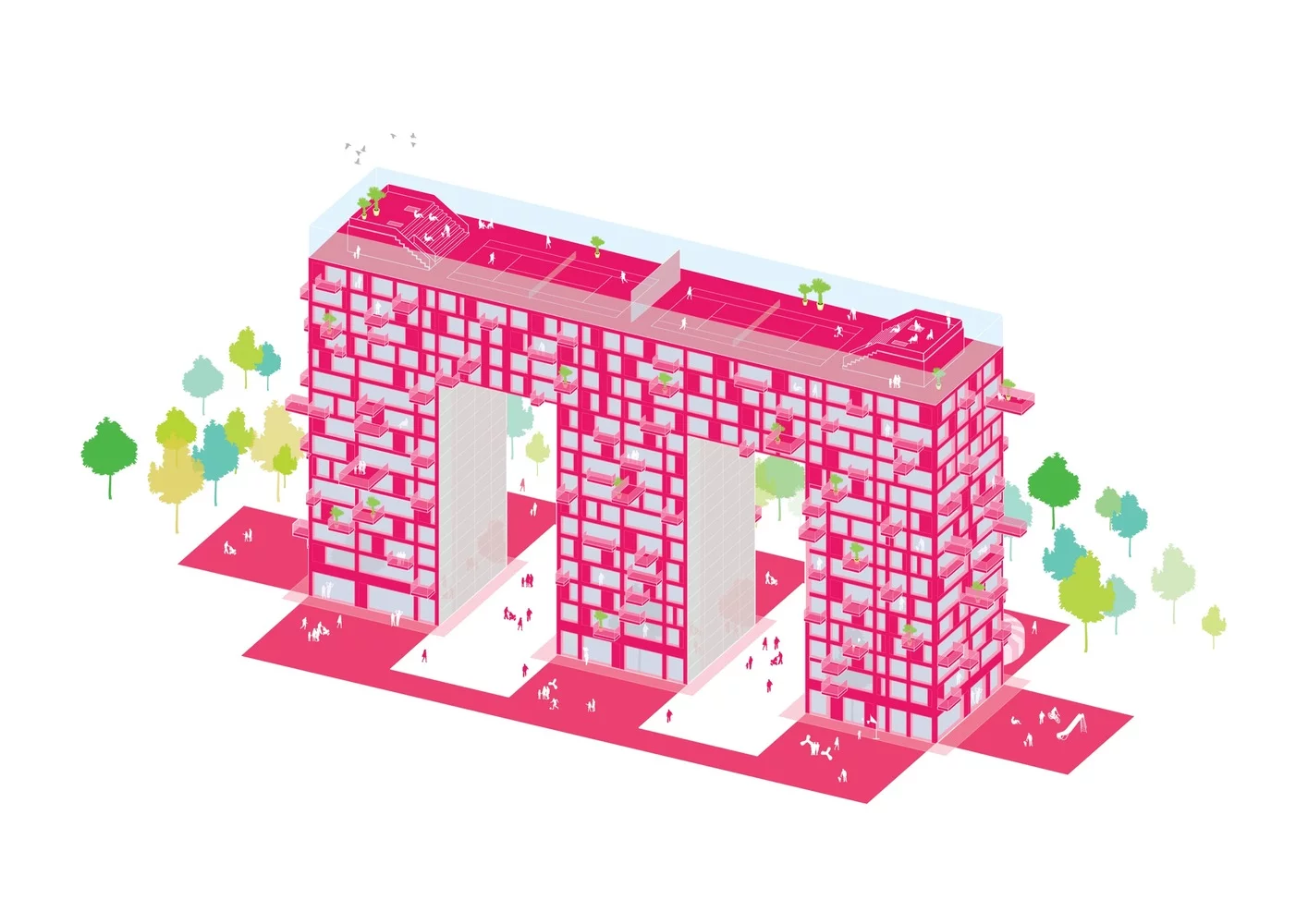 Architectural drawing of MVRDV's M-shaped apartment building