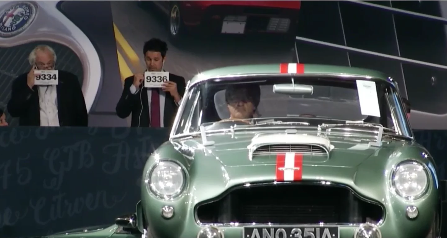 $6,765,000 | 1959 Aston Martin DB4GT PrototypeEstimate: $6,000,000 to $8,000,000The prototype of the world's fastest car at the time. Indeed, this prototype spawned the world's fastest car three times. Two telephone bidders duked it out with the two RM-Sotheby representatives standing side by side. That's the RM in RM Sothebys behind 9334: Rob Meyers.Official Auction Description: RM-SothebysLot 147