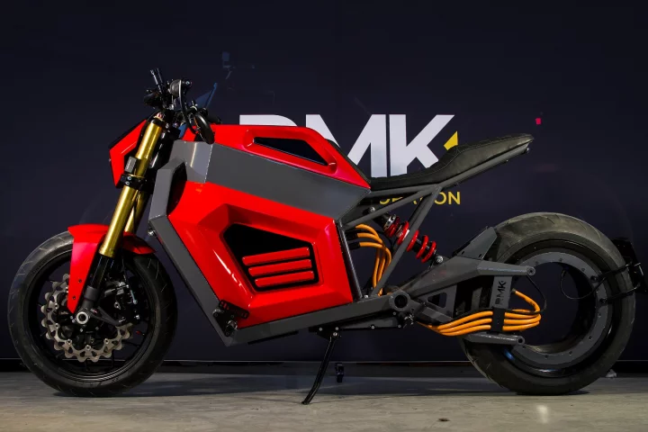 RMK has unveiled a working prototype of its E2 electric motorcycle, with hubless rear-wheel drive