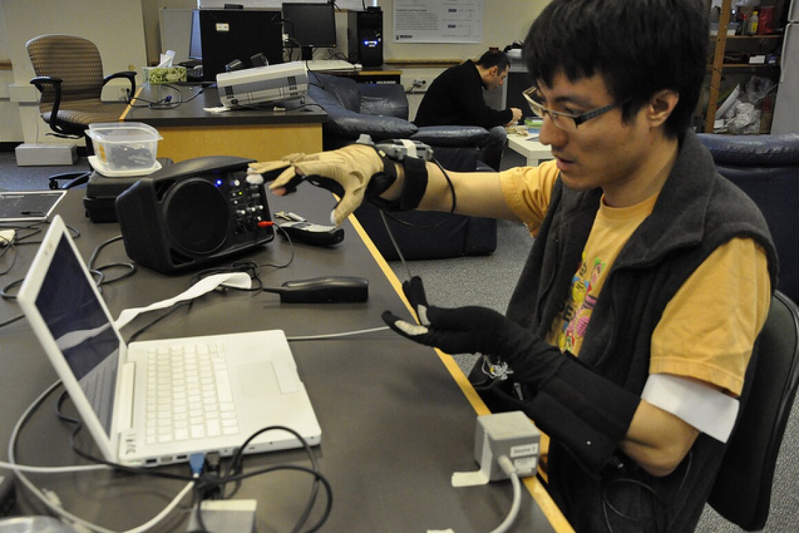 Speech synthesizer allows users to form spoken words using hand gestures