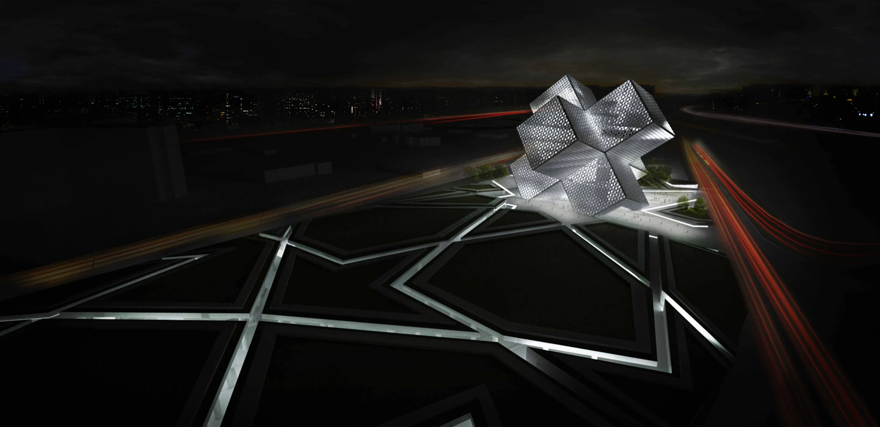 The design resembles an emergency cross symbol that has fallen onto its side, as if affected by an earthquake (image: OODA)