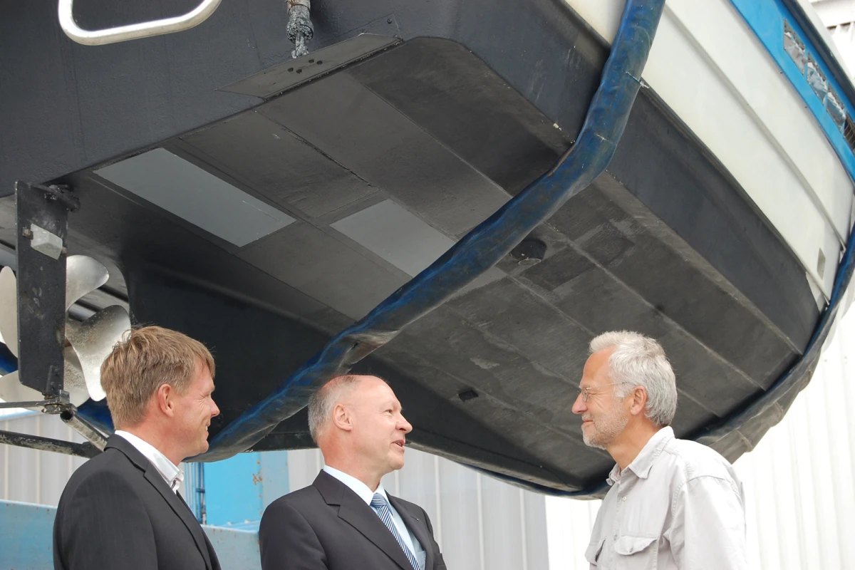 One of the test hulls, which had the electrochemical paint applied in select areas