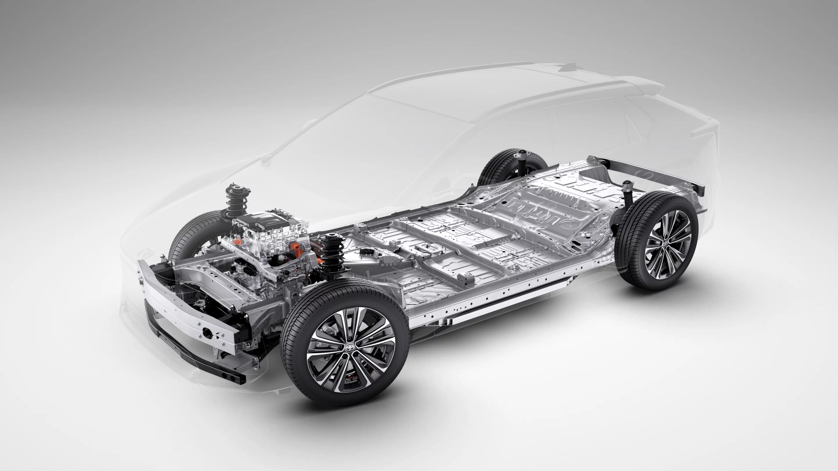 Framing and structural components in the bZ4X are integral to the drivetrain and chassis