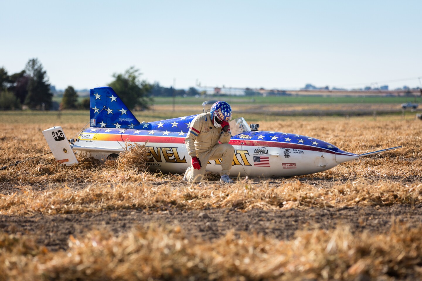 The Evel Spirit landed in a bean field more than a mile downrange. It took several minutes for the crew to reach Braun