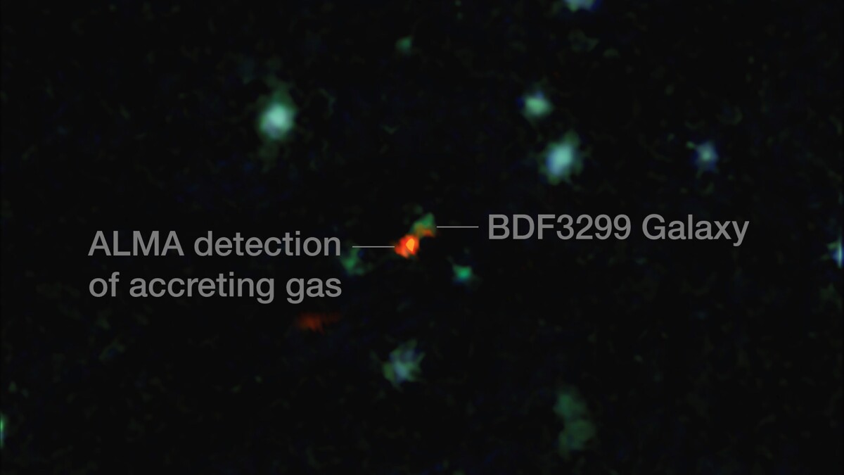 Focusing in on the galaxy BDF 3299, the team used ALMA to pick up a faint signal from the glowing carbon