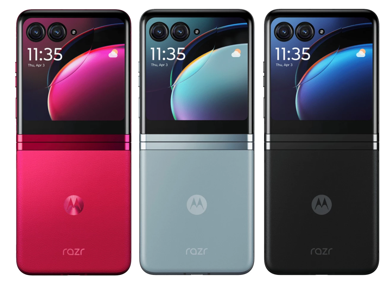 The Razr+ flip-phone is available in Viva Magenta, Glacier Blue and Infinite Black