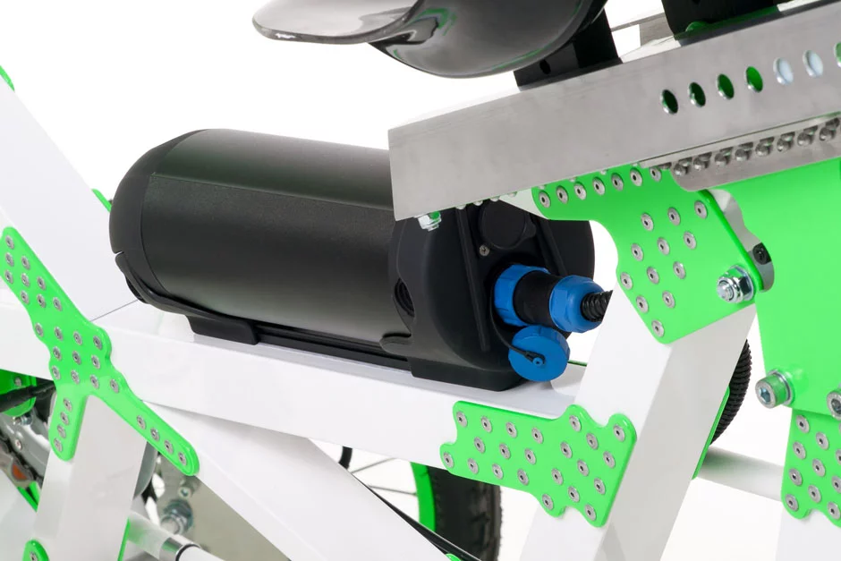 The EV4 semi-recumbent's Li-ion battery pack can be removed for storage and charging