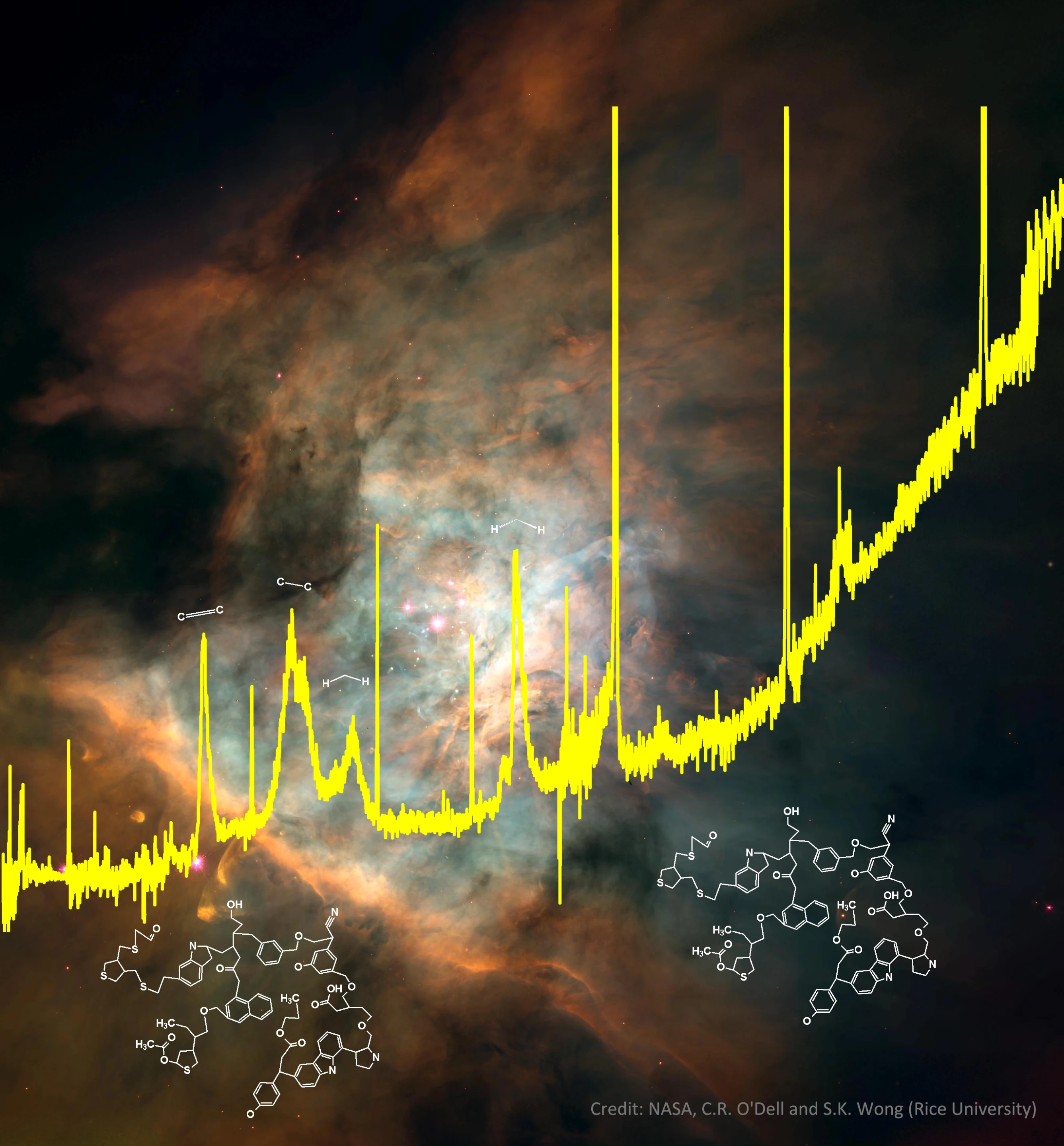 A spectrum from the Infrared Space Observatory superimposed on an image of the Orion Nebula where the complex organics are found