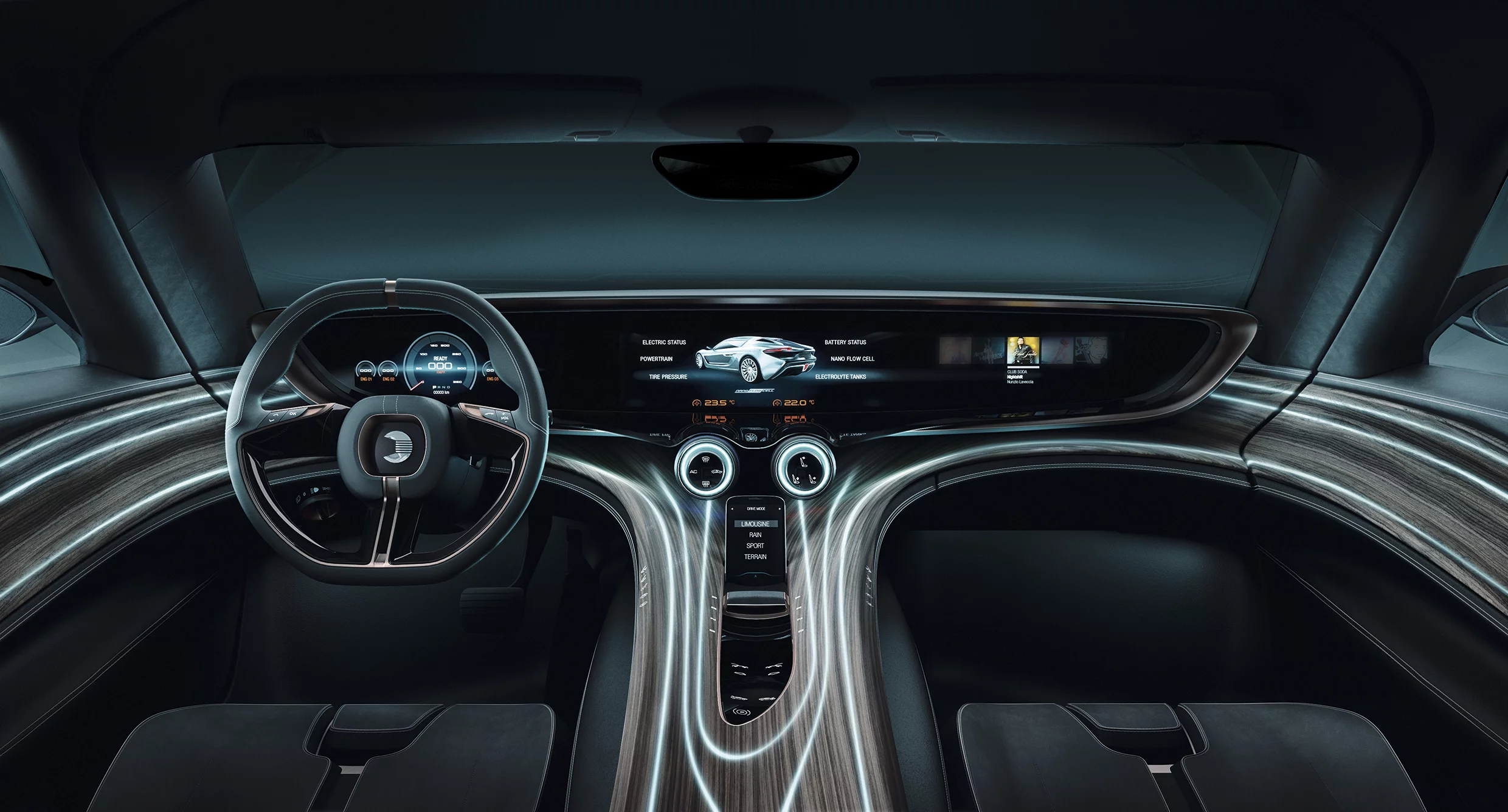 Lights and controls lurk just below the wood surfaces