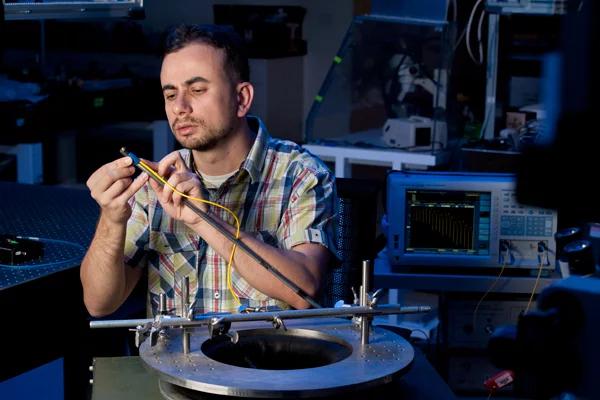 Stanford researcher Onur Kilic, who was the lead author on a paper describing the orca-inspired hydrophone (Photo: L.A. Cicero)