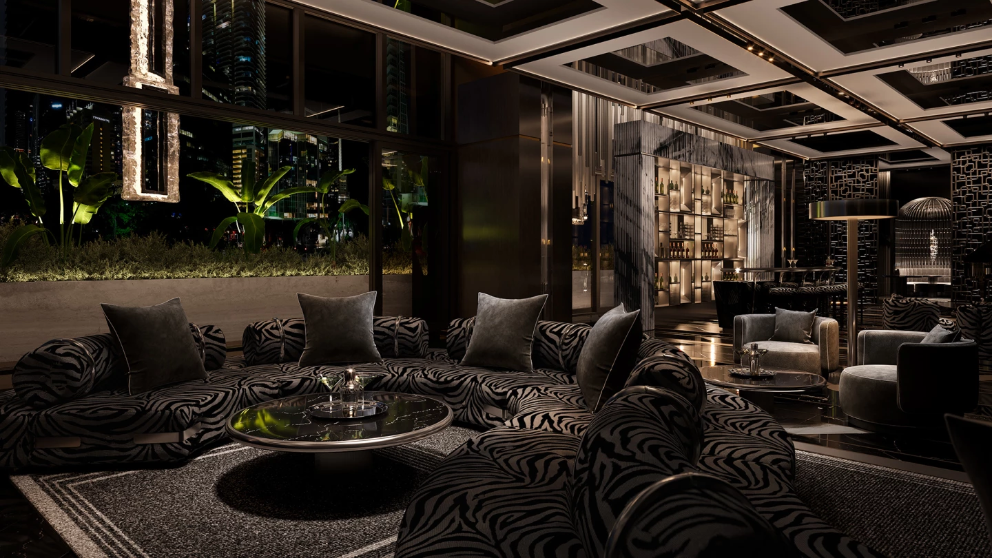 888 Brickell's lobby and bar areas will be moody and dark, with zebra print patterns, as well as Dolce & Gabbana's signature black, gold, and red colors