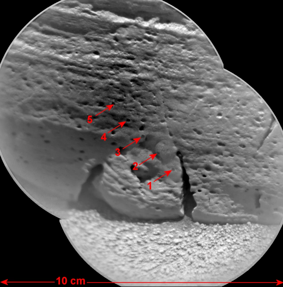 Rocknest 3 indicating five spots where it was hit with the laser (Image: NASA/JPL-Caltech/LANL/CNES/IRAP)