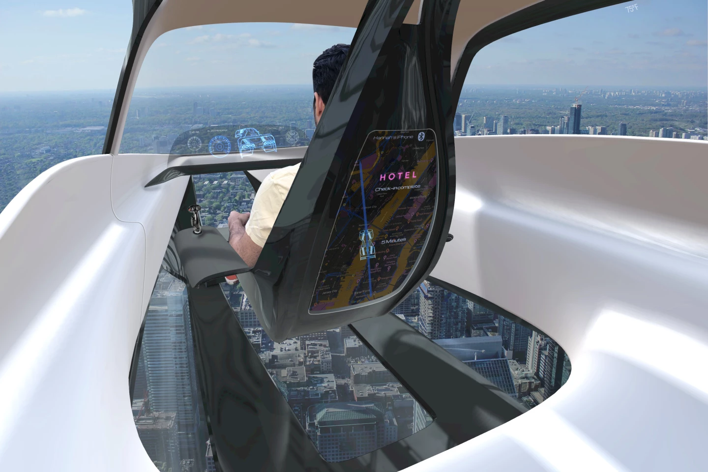 Open glass floor and roof-suspended front seat not only gives pilot and passengers a great view, but also gives pilots a clear view of where they're landing