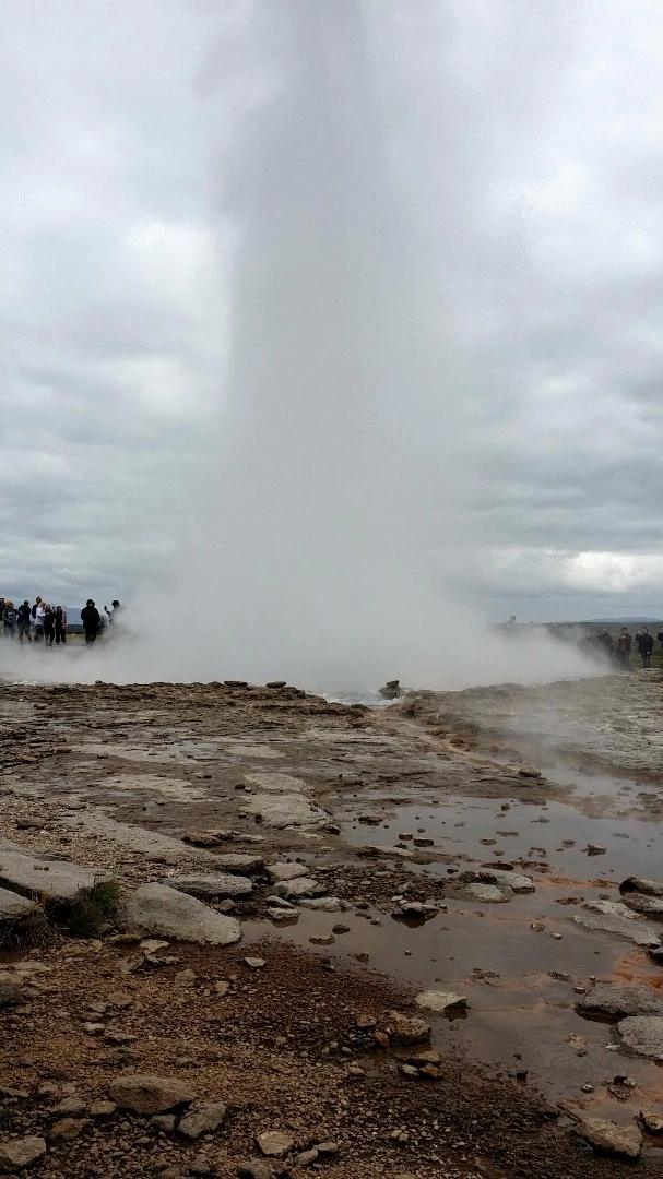 In the southern part of the island, geothermal activity created the Great Geysir, or Stori-Geysir. That water rocket shot plumes as high as 60-80 m (197-262 ft) but has been dormant since 1916. Instead, visitors to the area can check out this geyser, known as Strokkur (The Churn), which shoots up in the air about every five minutes and can reach heights of 30 m (8 ft). The water in the geyser system is heated by magma to about 240° C (464° F) and comes from a depth of about 1 km (0.6 mi). The English word geyser actually comes from the Icelandic word geysir, which means "gusher."