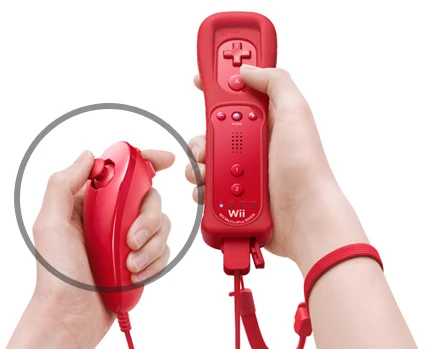 The Wii Mini comes packaged with a matching red Wii MotionPlus controller and Nunchuk