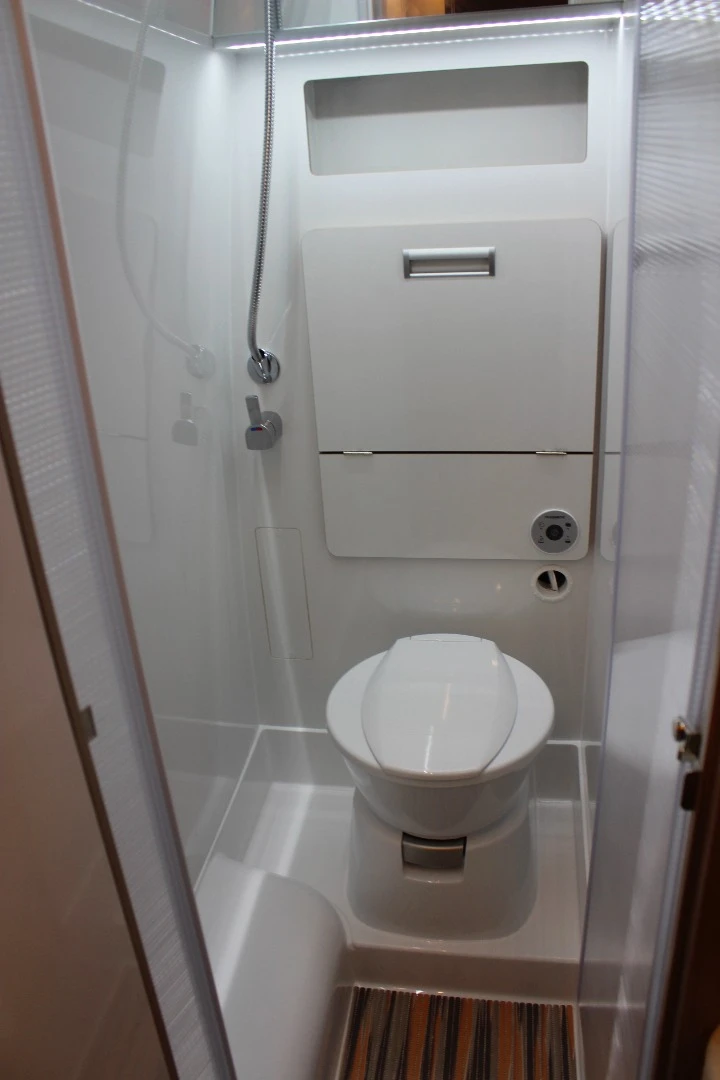 The Globe Traveller Voyager XS includes a fold-down bathroom sink over the toilet