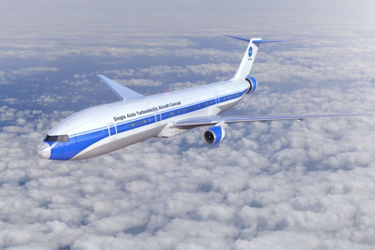 Artist's rendering of NASA’s concept aircraft, STARC-ABL, which utilizes advanced propulsion technologies to decrease fuel usage, emissions and noise