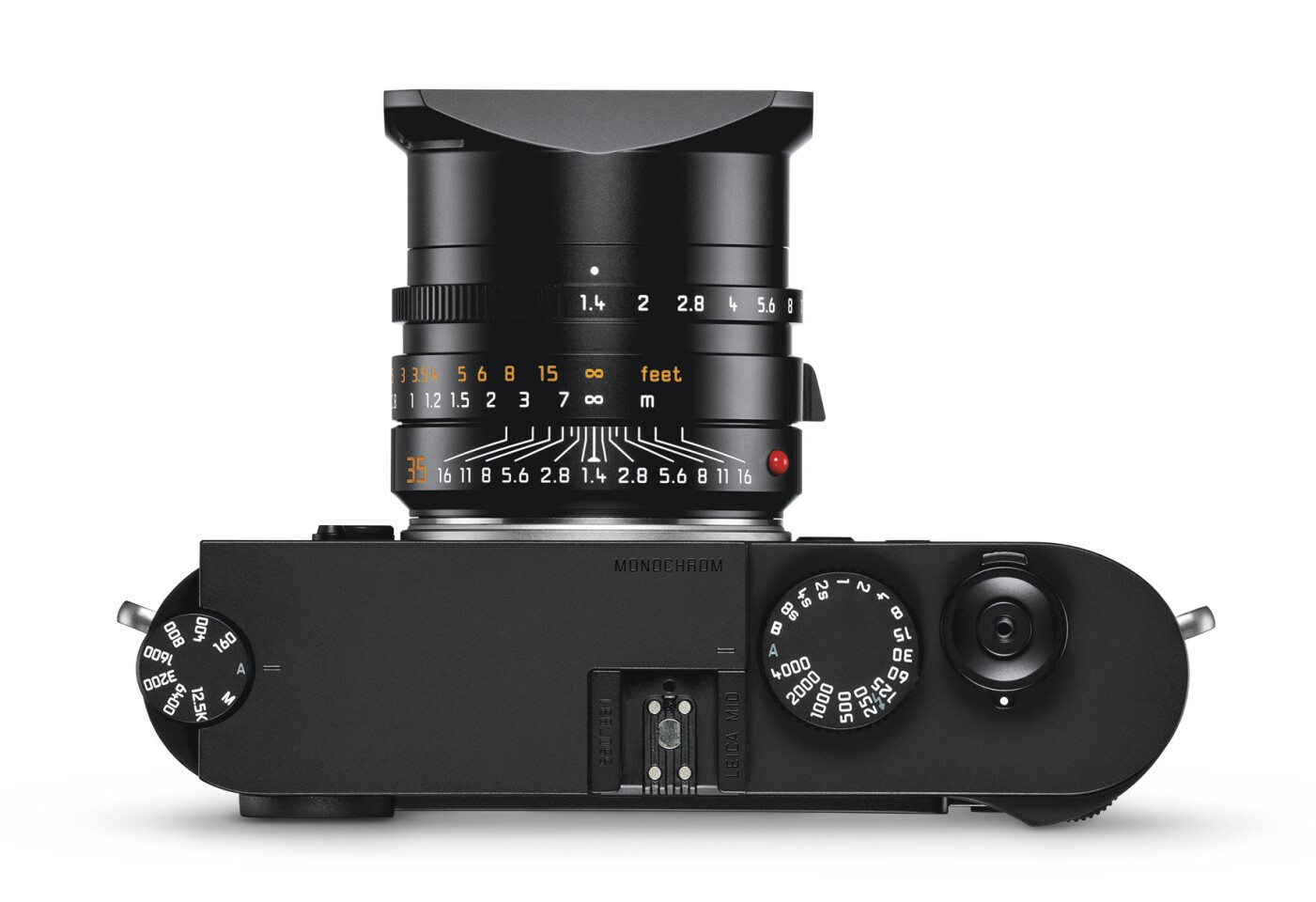 Top view shows an ISO adjustment dial to the left