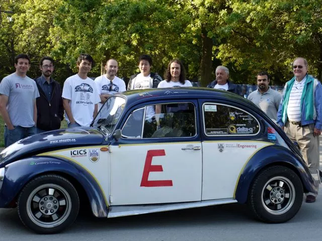 Members of the UBC Electric Vehicle Club, with the E-Beetle