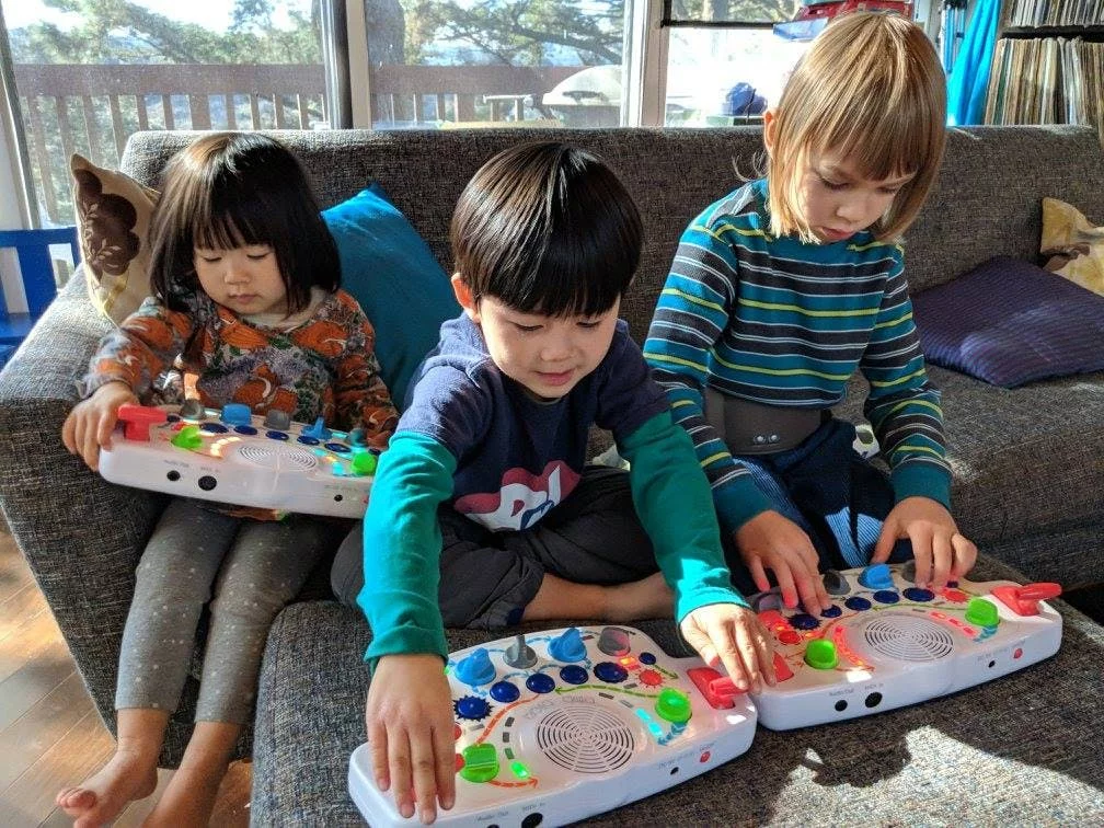 The battery-powered Blipblox has a sequencer that runs with a melody, which can then be altered by pushing the big colorful buttons, knobs and levers