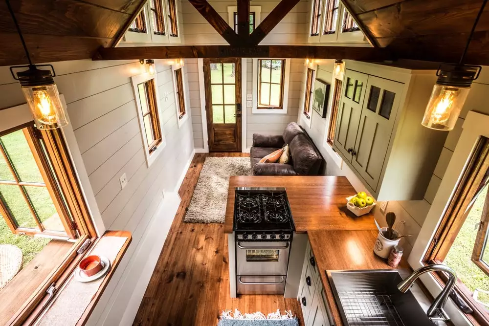 Top-down view of the Denali's living room and kitchen