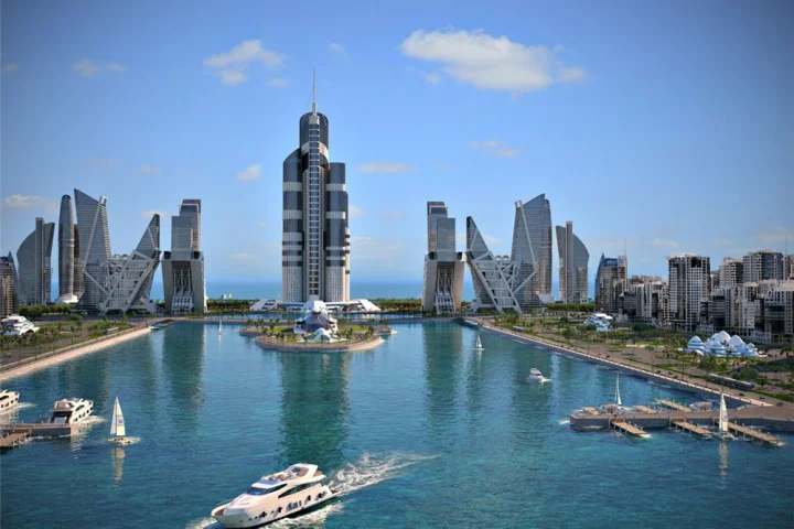 The Azerbaijan Tower would be 3,445 ft (1,050 m) high and form the centerpiece of the Khazar Islands development (Image: Architizer)