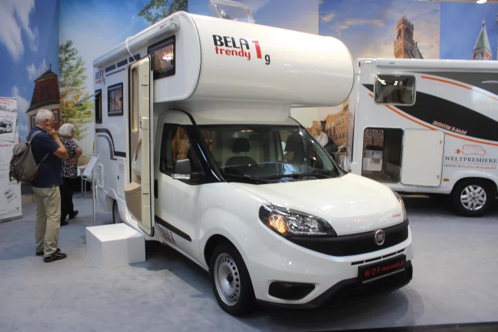 The updated Iridium motorhome next to the Trendy 1 was our original reason for visiting the WOF booth, but we found ourselves more enamored with the Trendy 1G on show