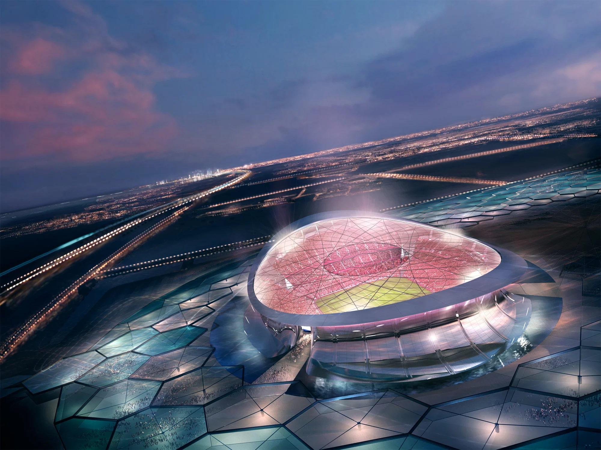 The Lusail Iconic Stadium surrounded by solar collectors
