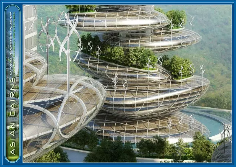 For energy, the designs feature plenty of photovoltaic and photo thermal solar cells, along with axial wind turbines spread along the top of each section