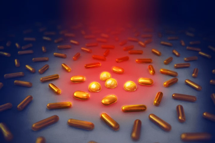 Each gold nanorod measures 20 by 70 nanometers – it's important that they don't get too hot, as they will permanently transform into nonfunctional orbs (pictured) if they do