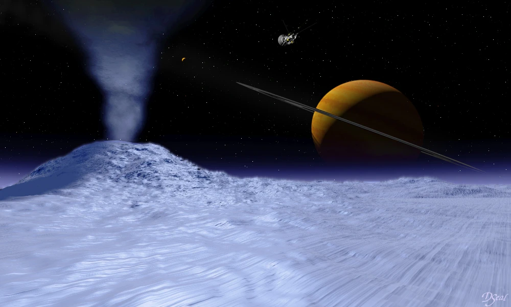 Artist's impression of Cassini over Eceladus