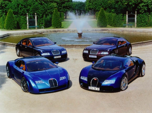 Clockwise from bottom right: Bugatti Veyron, 18/3 Chiron concept car, EB 218 touring sedan concept and EB 118 concept