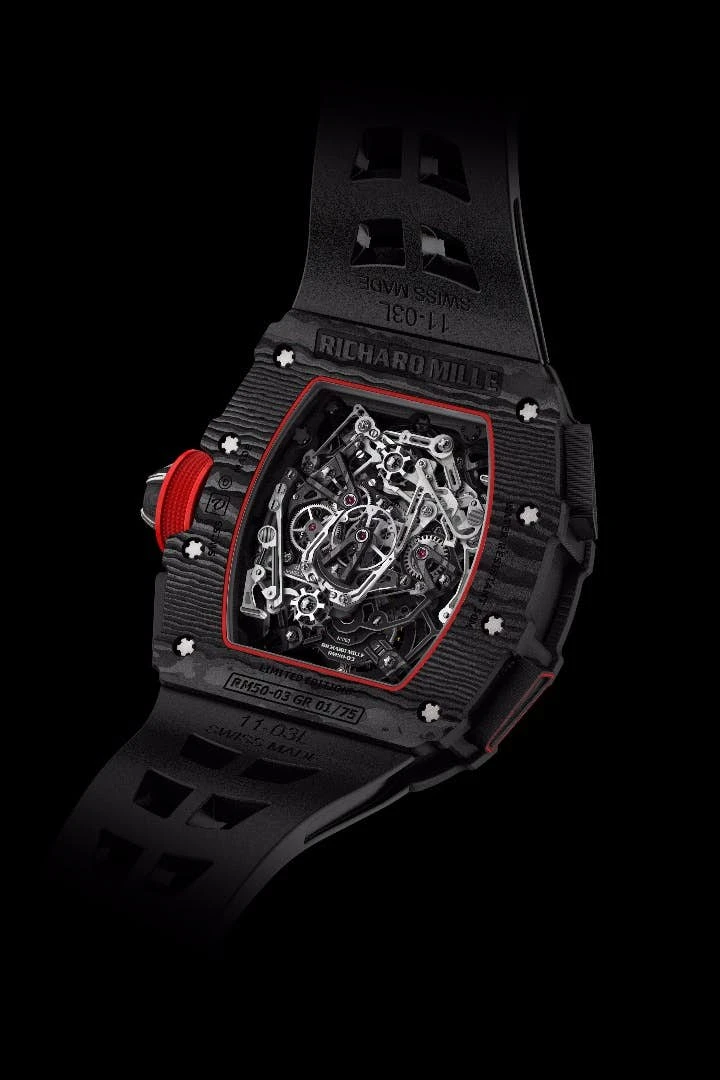 The RM 50-03 features a split-seconds chronograph and a 70-hour power reserve monitored via colored indicators on the face