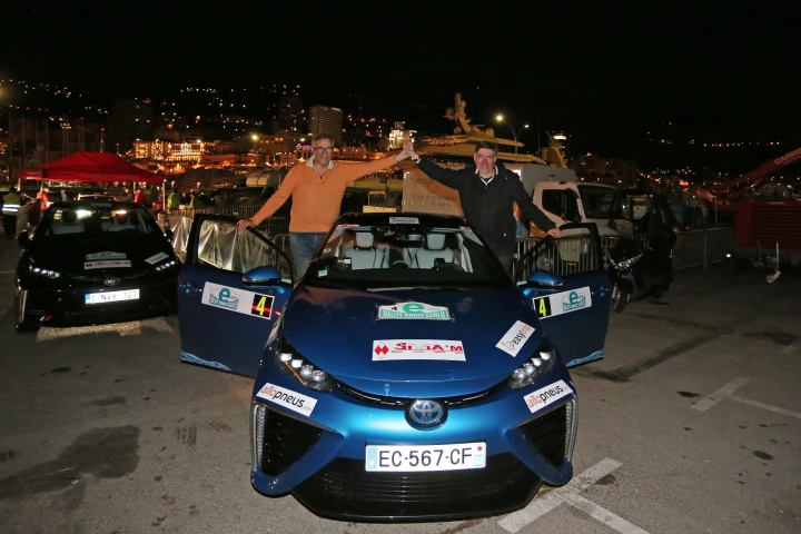 Winning driver Artur Prusak (left) and co-driver Thierry Benchetrit (right) celebrate their victory in the inaugural E-Rally Monte Carlo