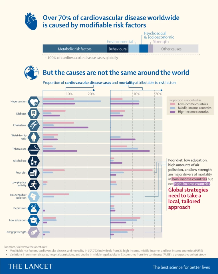 An infographic showing the risk factors and causes of CVD around the world