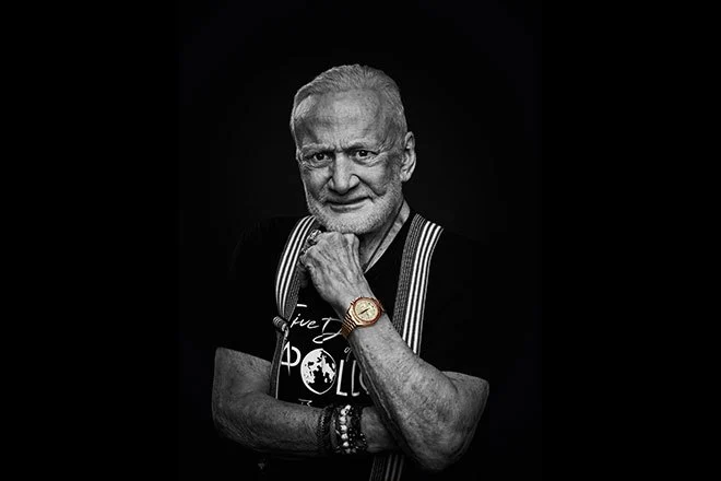 Buzz Aldrin wearing the Speedmaster Apollo 11 50th Anniversary Limited Edition