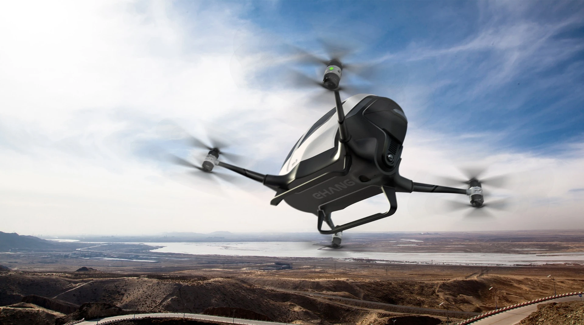 Crafted from a carbon fiber and epoxy composite with an aluminum alloy frame, the Ehang 184's top speed is listed as 130 km/h (80 mph)