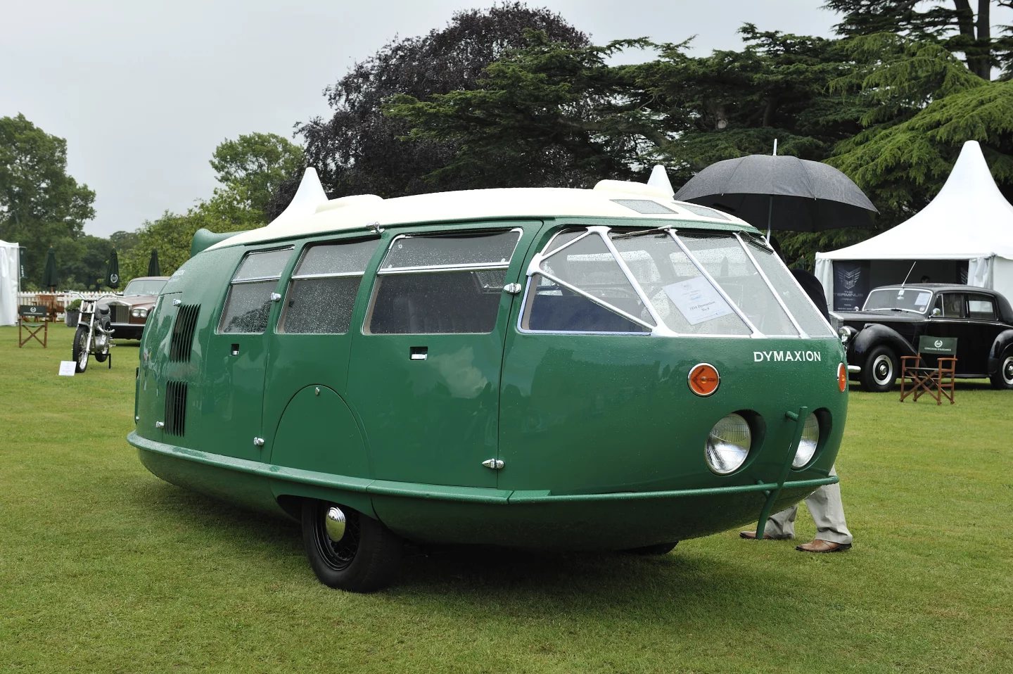 The Dymaxion car had a fuel efficiency of 30 miles per US gallon (7.8 L/100 km; 36 mpg-imp) from a rear-mounted Ford V8.