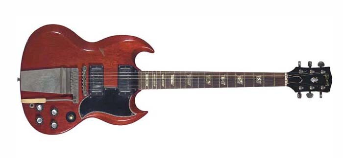 This 1964 Gibson SG was used by The Beatles between 1966 and 1969. George Harrison used it when recording and touring for the album "Revolver." It was used by Harrison in the "Paperback Writer" and "Rain" clips in 1966 and by John Lennon during the "White Album" sessions in 1969. Subsequently owned by Pete Ham of Badfinger and on display for many years at the Rock and Roll Hall of Fame in Cleveland Ohio. It sold for $567,500 at a Christies auction on 17 December, 2004