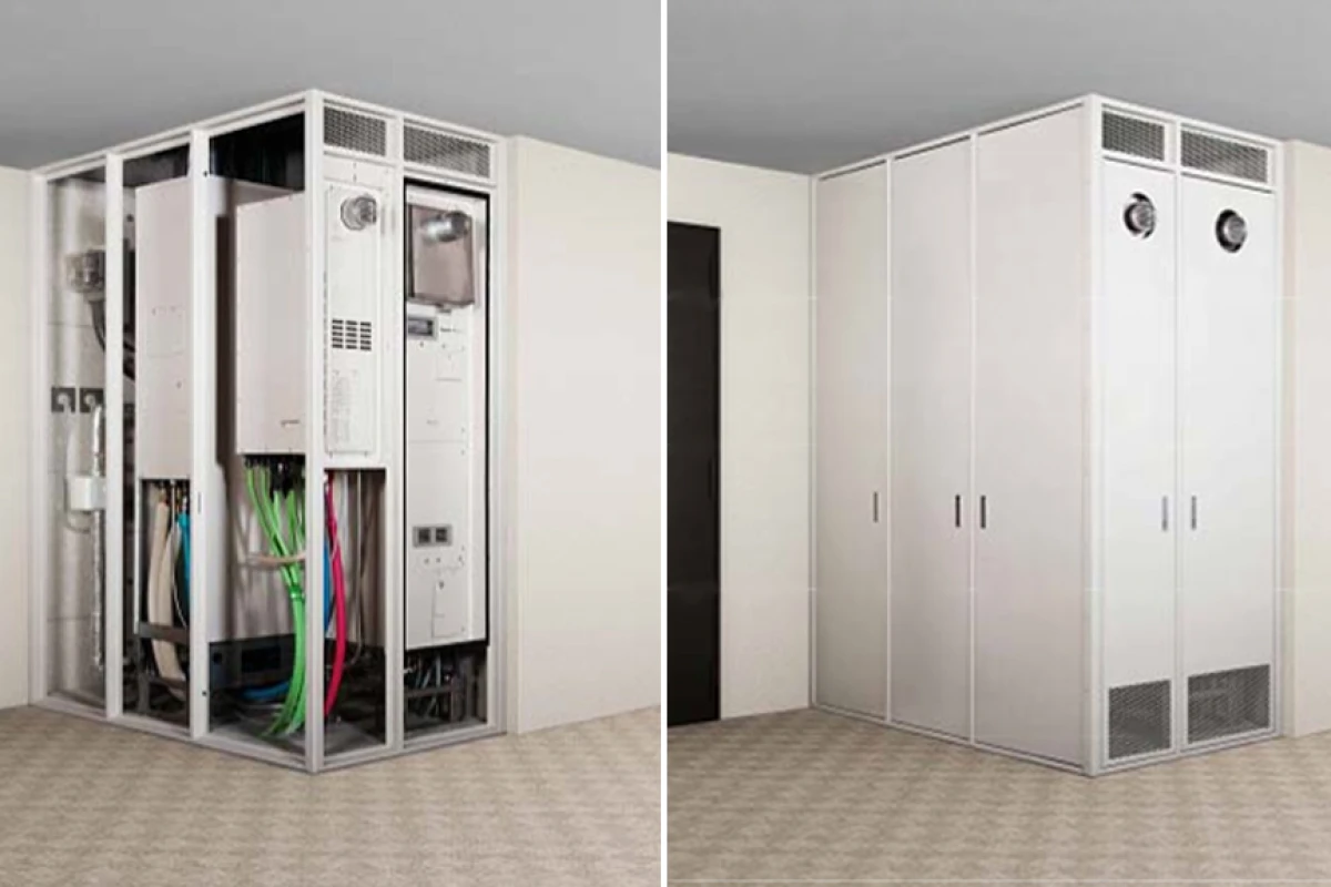 The new "Ene-Farm" home fuel cell installed in a condominium's pipe shaft with the fuel cell on the right, the backup heat source on the left and the hot water unit at the rear