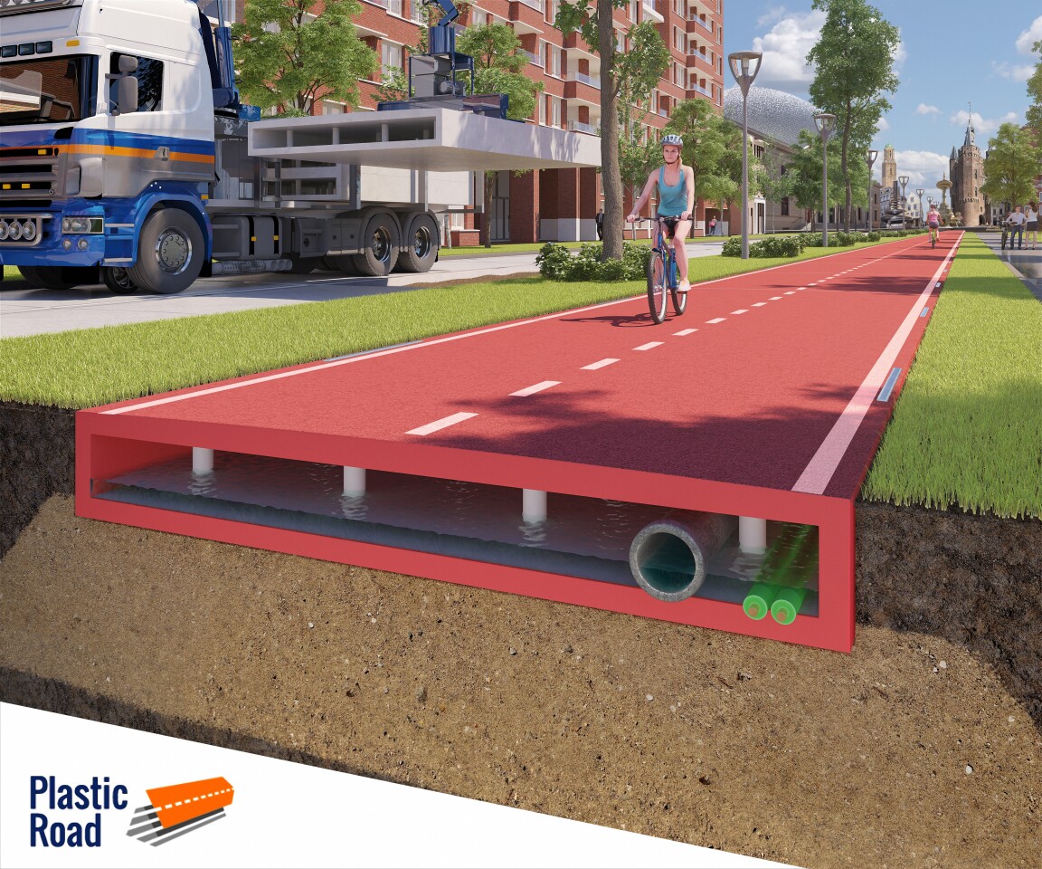 Under the surface of the PlasticRoad bike path, there's space for pipes and cables and enough room to temporarily store water in the event of heavy rainfall