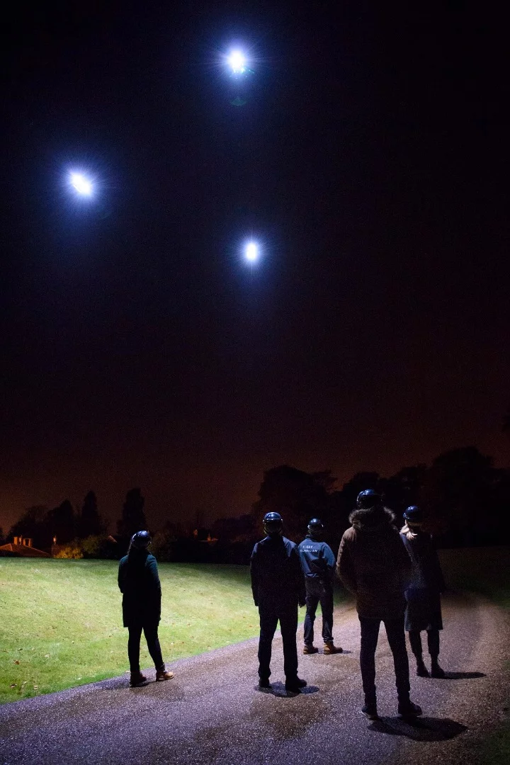 The Fleetlights drones are programmed to move along in front of the user, rather than follow behind