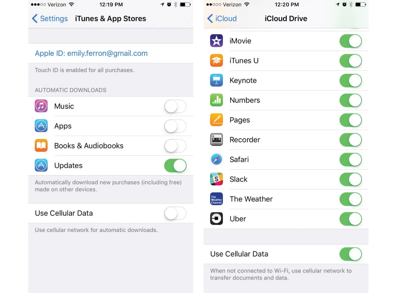 (L) App update settings (R) iCloud Drive settings